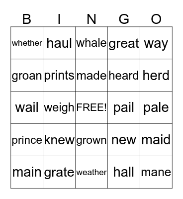 Homophone  Bingo Card