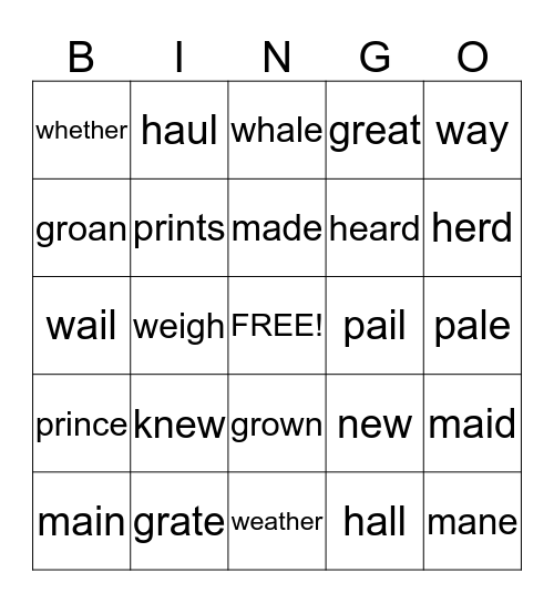 Homophone  Bingo Card