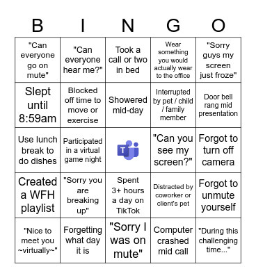 Remote Work Bingo Card