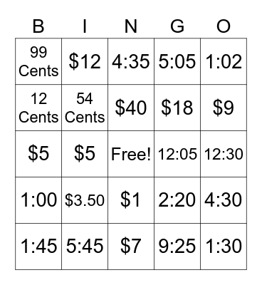Money and Telling Time Bingo Card
