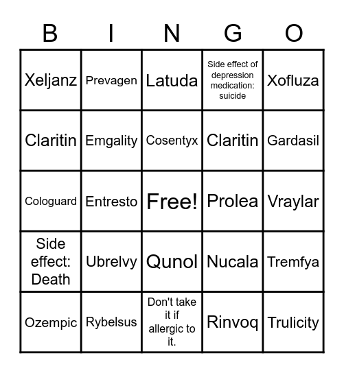 Your Favorite TV Prescription Drug Ads Bingo Card