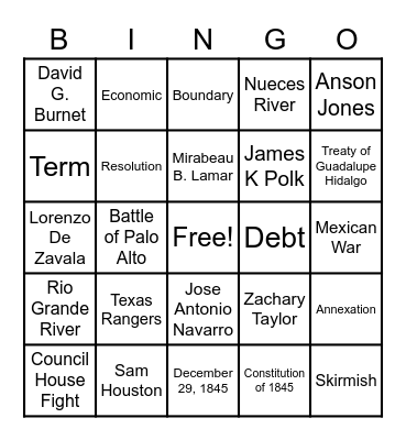 The Republic of Texas Bingo Card