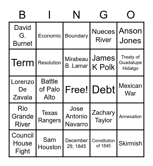 The Republic of Texas Bingo Card