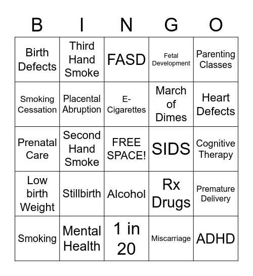 ETOH, Drugs, & Pregnany Bingo Card
