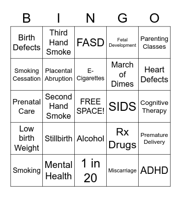 ETOH, Drugs, & Pregnancy Bingo Card