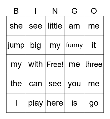 Sight Word Bingo Card