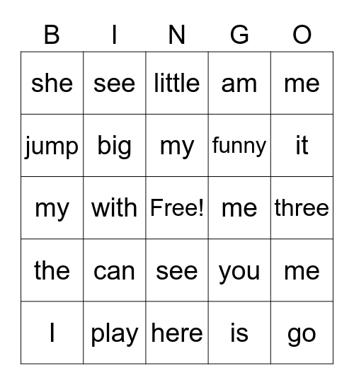 Sight Word Bingo Card