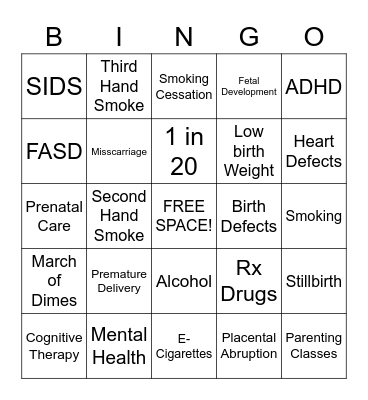 ETOH, Drugs, & Pregnancy Bingo Card