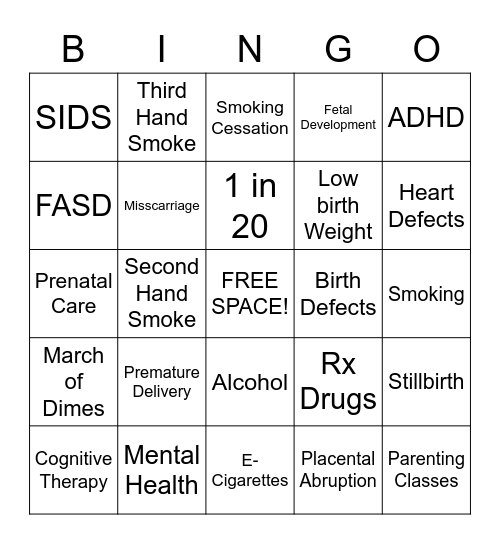 ETOH, Drugs, & Pregnancy Bingo Card