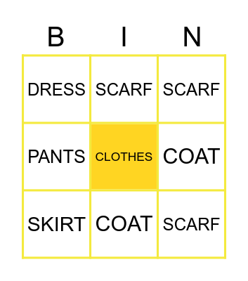 MY CLOTHES Bingo Card