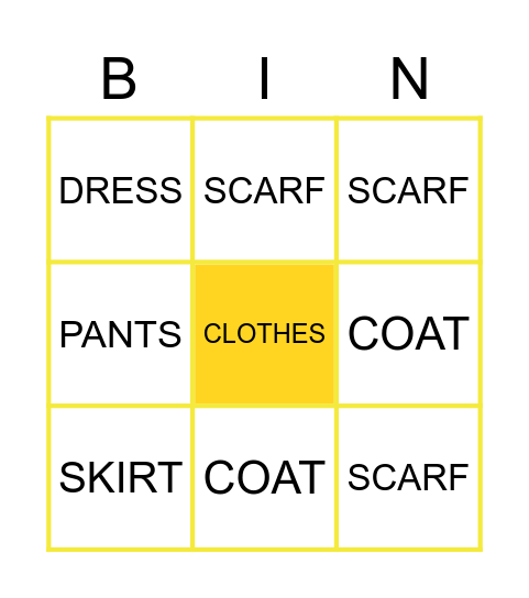 MY CLOTHES Bingo Card