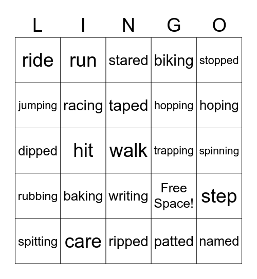 Inflectional Endings -ed and -ing and -e Drop Bingo Card
