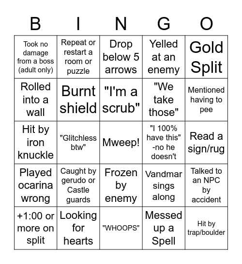 Vandmar OoT Speedrun Bingo Card