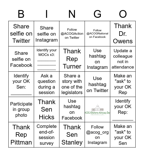 ACOG OK Advocacy Day Bingo Card