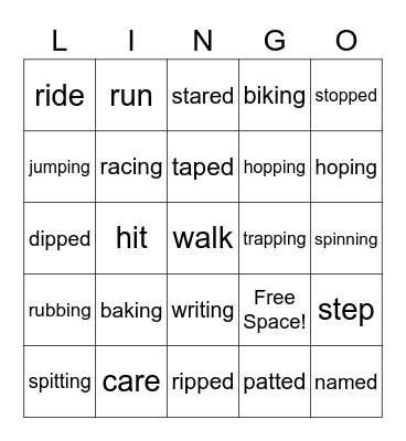 Inflectional Endings -ed and -ing and -e Drop Bingo Card