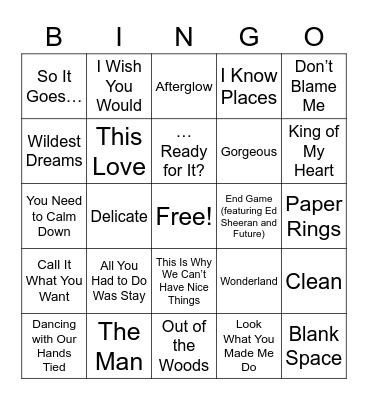 Taylor Swift Round 2 Bingo Card