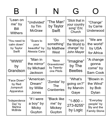 Social Commentary Through Songs Bingo Card