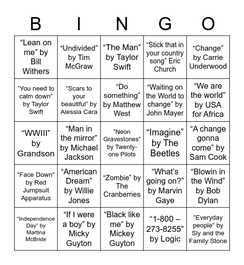 Social Commentary Through Songs Bingo Card