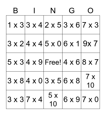 Multiplication Bingo Card