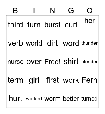 -ir, -er, -ur, or Bingo Card