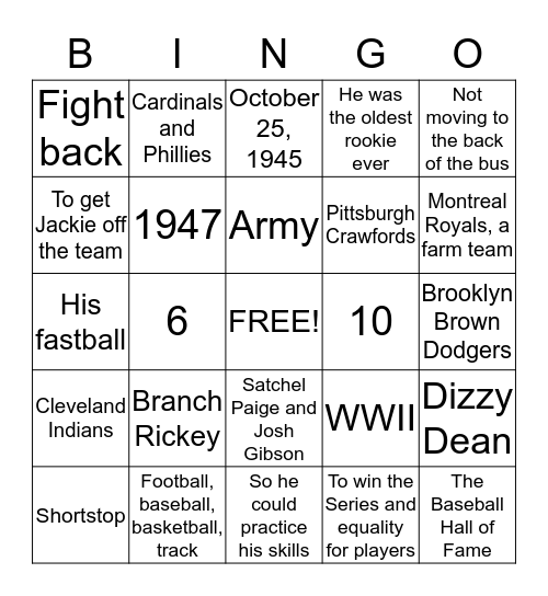 Jackie Robinson Bingo II Bingo Card