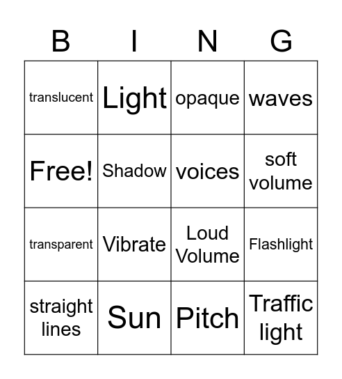 1st Grade Unit 2: Light and Sound Bingo Card