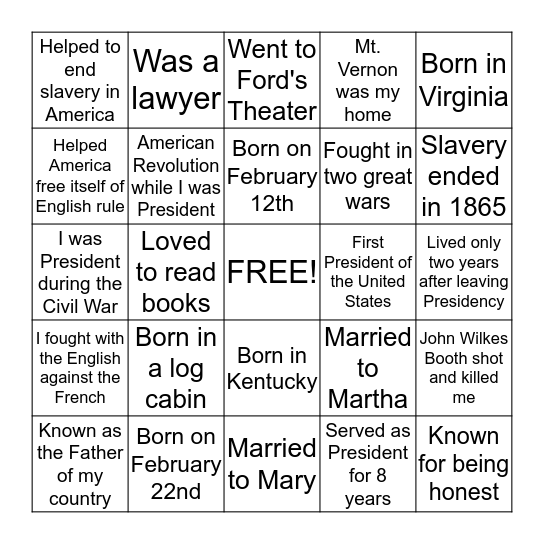 President's Day  Bingo Card