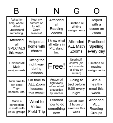 Mrs. Ruskin's Classroom BINGO Card