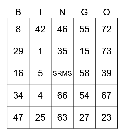 Numbers 1-75 Bingo Card