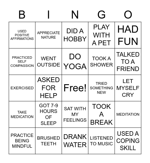 Self Care Bingo Card