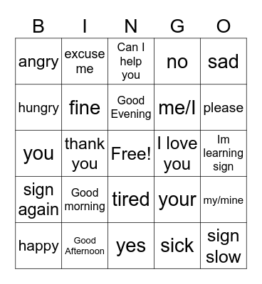 Beginning Sign Language Bingo Card
