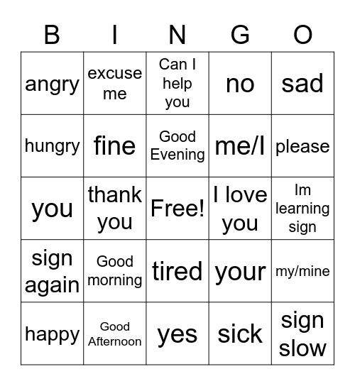 Beginning Sign Language Bingo Card