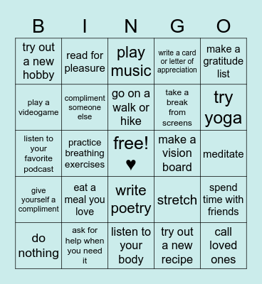 Self-Love Hour Bingo Card