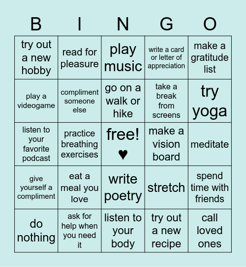Self-Love Hour Bingo Card