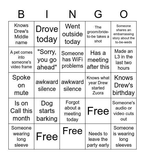 Wedding Shower Bingo Card