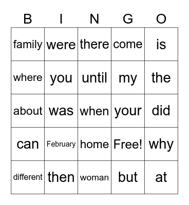 Tricky Word Bingo Card