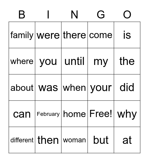 Tricky Word Bingo Card