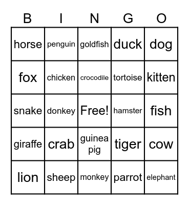 Animal Bingo Card