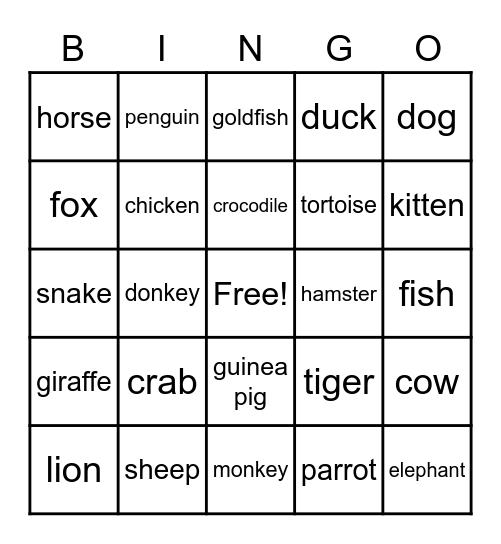 Animal Bingo Card