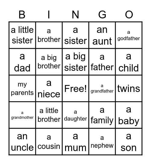 Family Members Bingo Card