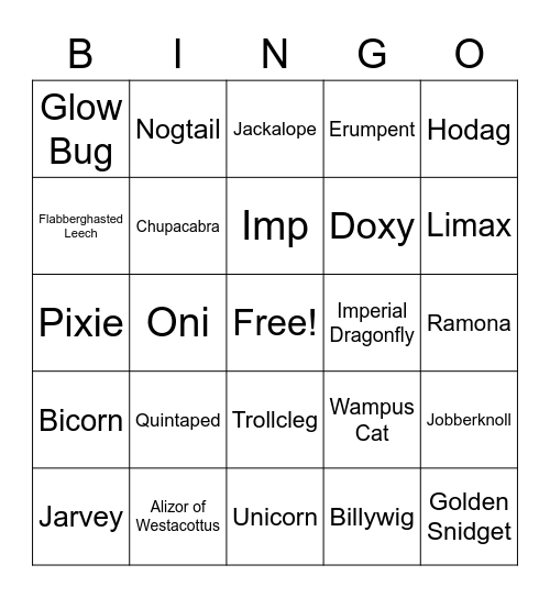 Creatures and Beasts Bingo Card