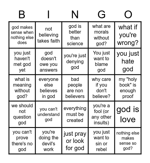 Bad arguments for god/s Bingo Card