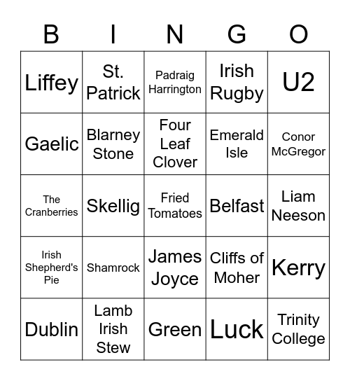 Irish Club Bingo Card
