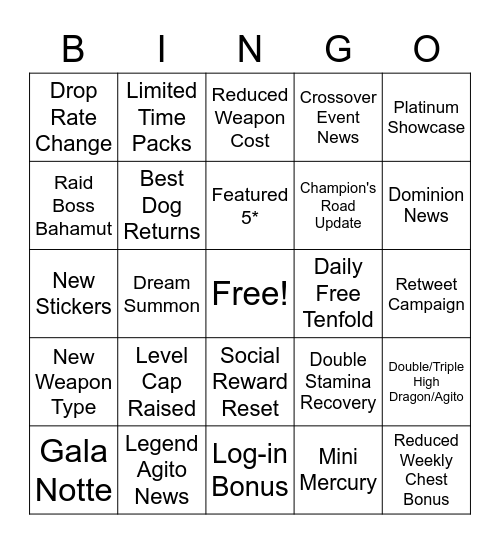 Dragalia 2.5 Digest Bingo Card