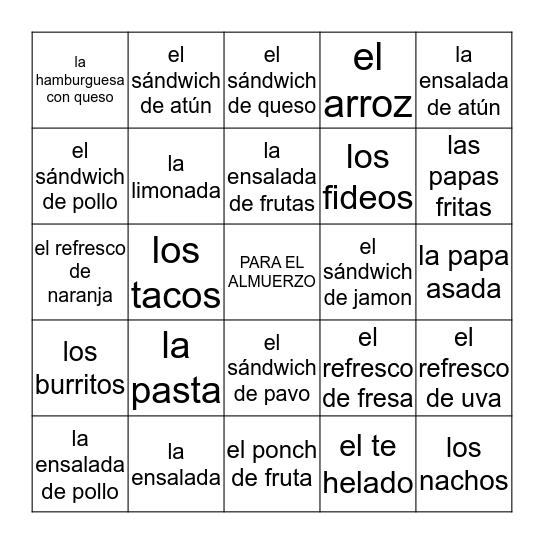 PARA EL ALMUERZO Bingo Card