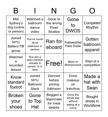 NYU Ballroom and Latin Dance Bingo Card