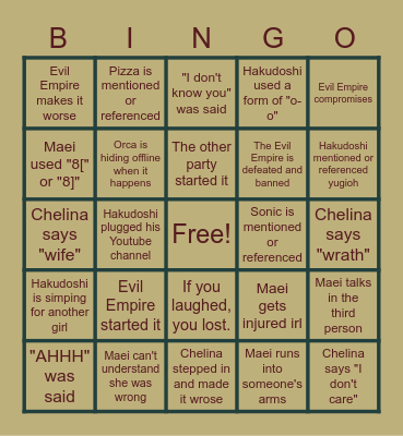 Evil Empire Bingo Card