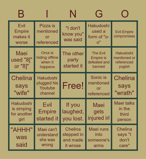 Evil Empire Bingo Card