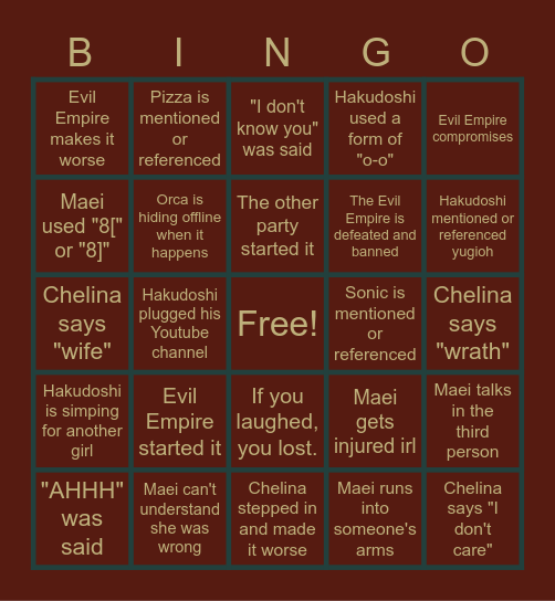 Evil Empire Bingo Card