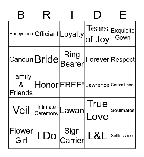 Lawan's Bridal Shower Bingo Card